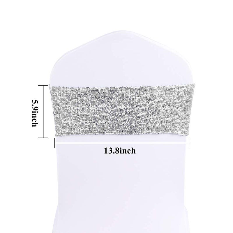 Aulufft Sequin Spandex Chair Sash 50 Pcs Silver Sequin Sashes Chairs Silver Stretch Spandex Bands Sparkling Chair Cover Decorations for Wedding Banquet Party Festival Shining (5.9"X13.78") - Image 3
